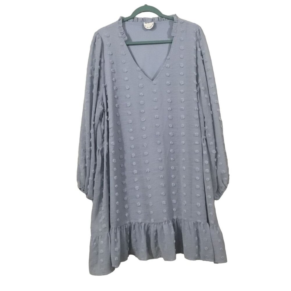 Arula Blue Swiss Dot Balloon Sleeve Ruffle Hem Lined Pull Over Dress Plus Size 2
